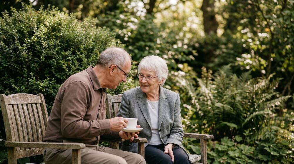 庭のベンチでお茶を飲みながら会話するシニア夫婦